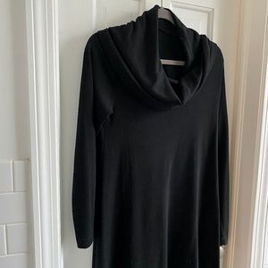 Black Dress with Cowl Neck and Flared Skirt. Street Length, Long Sleeves. XL